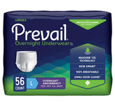 Prevail Overnight underwear packaging shows a 56 count pack for convenient overnight protection
