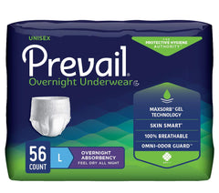 Prevail Overnight underwear packaging shows a 56 count pack for convenient overnight protection
