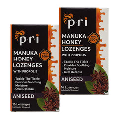 P.R.I Manuka lozenges front view showcasing original aniseed flavor for soothing comfort