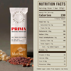 PRIMA Ancestral Protein Bar Mocha front pack highlights a gluten-free low-carb snack option.