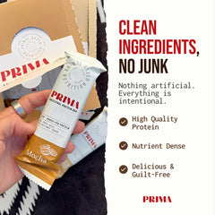 PRIMA Ancestral Protein Bar Mocha texture closeup reveals soft crumble for easy chewing.