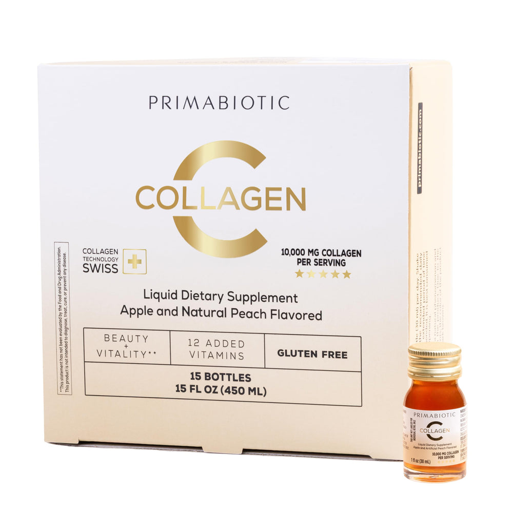 PRIMABIOTIC liquid collagen shot in apple flavor poured for easy daily use and skin support