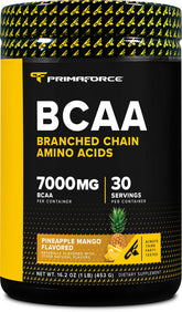 Primaforce BCAA powder pineapple mango tub ready for post-workout recovery