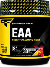 Primaforce EAA Powder Fruit Punch tub highlights essential amino acids for workouts.