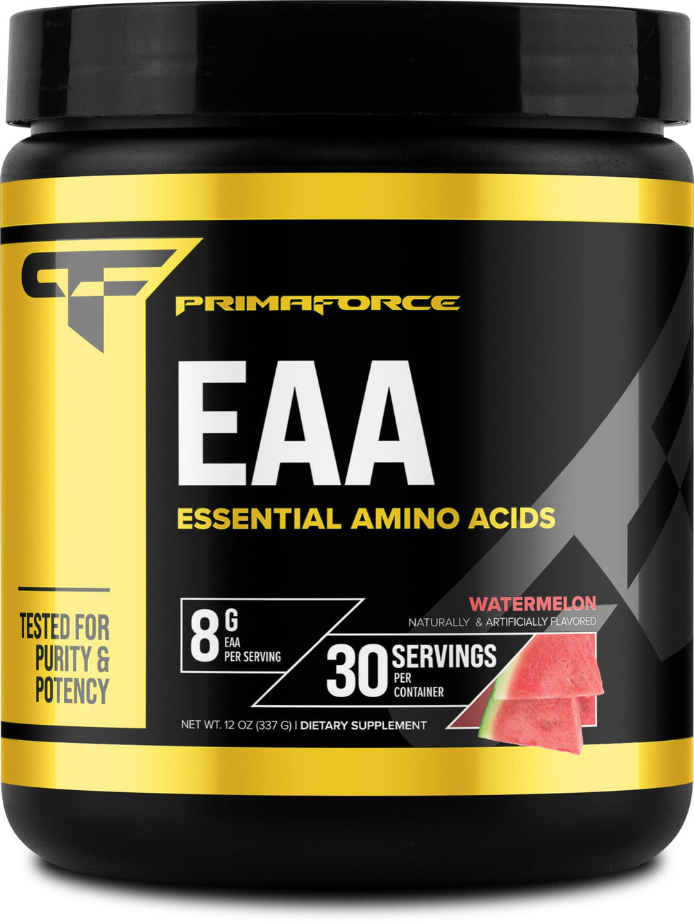 Primaforce EAA Powder Watermelon tub highlights flavor and amino acid blend for workouts