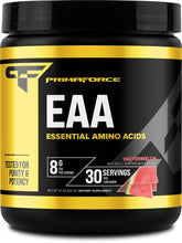 Primaforce EAA Powder Watermelon tub highlights flavor and amino acid blend for workouts
