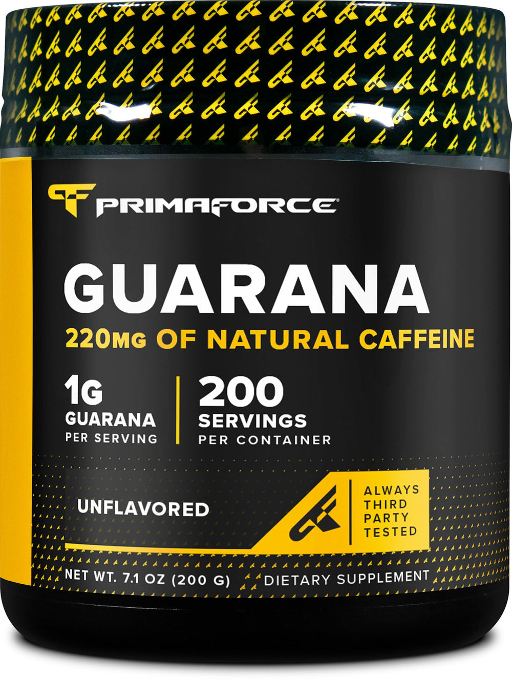 Primaforce Guarana Powder packaging with 200g jar for a natural caffeine boost.