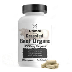 Primal Being Beef Organs Liver bottle shows 600mg liver per serving for daily vitality.
