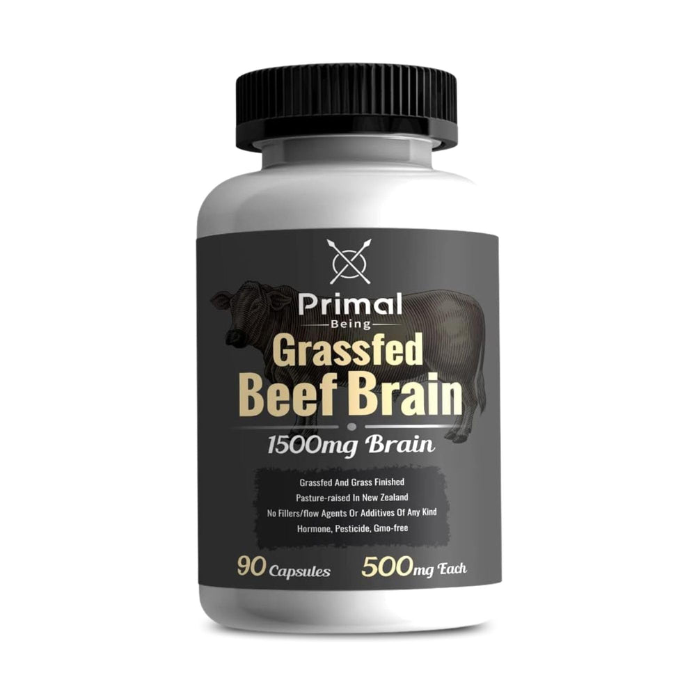 Primal Being grassfed beef brain bottle and capsules suggesting cognitive support potential