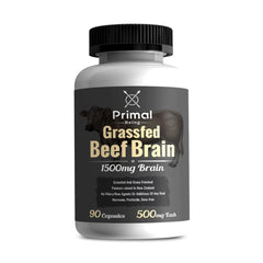 Primal Being grassfed beef brain bottle and capsules suggesting cognitive support potential