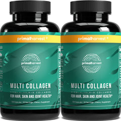 Primal Harvest 2-pack collagen pills bottle showing easy daily dosage for hair, skin, nails