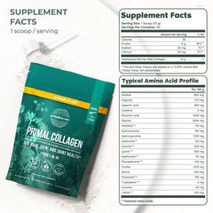 Primal Harvest collagen powder back label highlights Type I & III for hair and skin.
