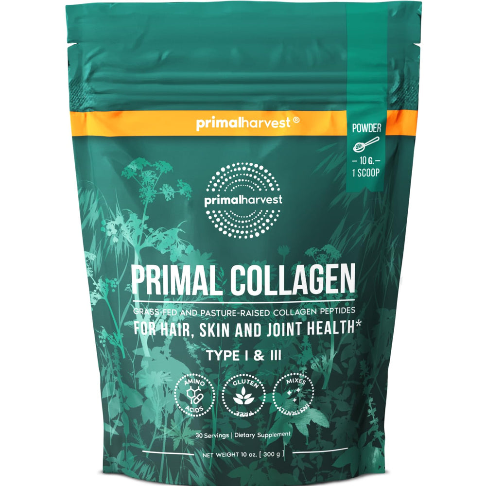Primal Harvest collagen powder tub front view for daily hair, skin, and nails support.
