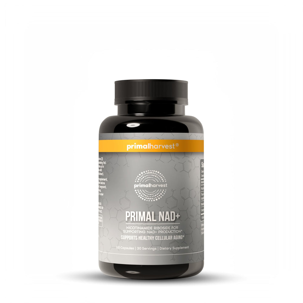 Primal Harvest NAD supplement bottle front illustrating the product for daily NAD+ support