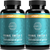 Primal Harvest Omega-3 bottle front shows premium soft gels for heart and brain support.