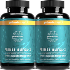 Primal Harvest Omega-3 bottle front shows premium soft gels for heart and brain support.