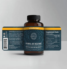 Primal Harvest Primal Gut Restore capsules arranged for daily digestive support.