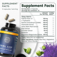 Primal Harvest Primal Sleep capsules closeup highlights gentle nighttime support.