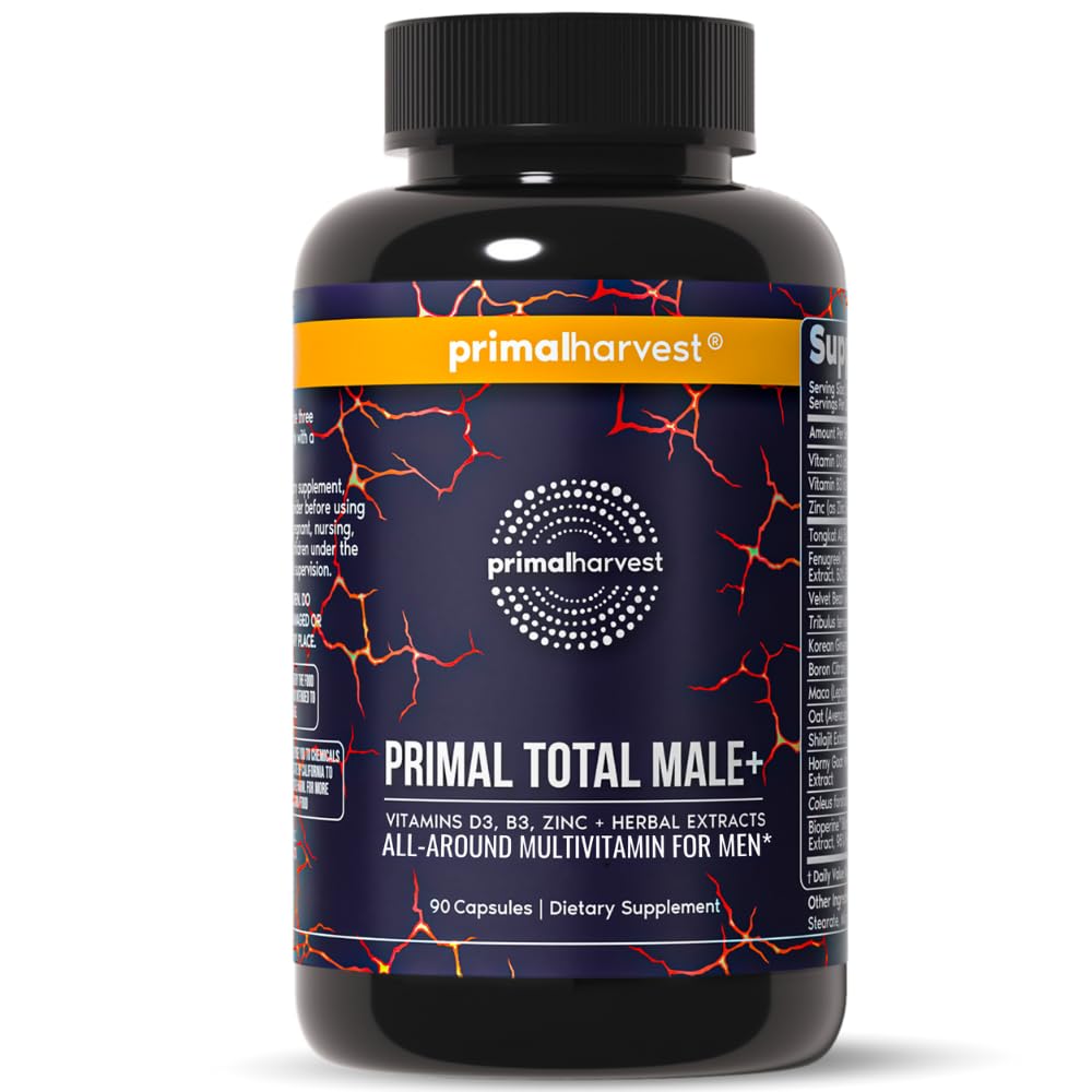 Primal Harvest Total Male+ bottle front highlights energy support for men.