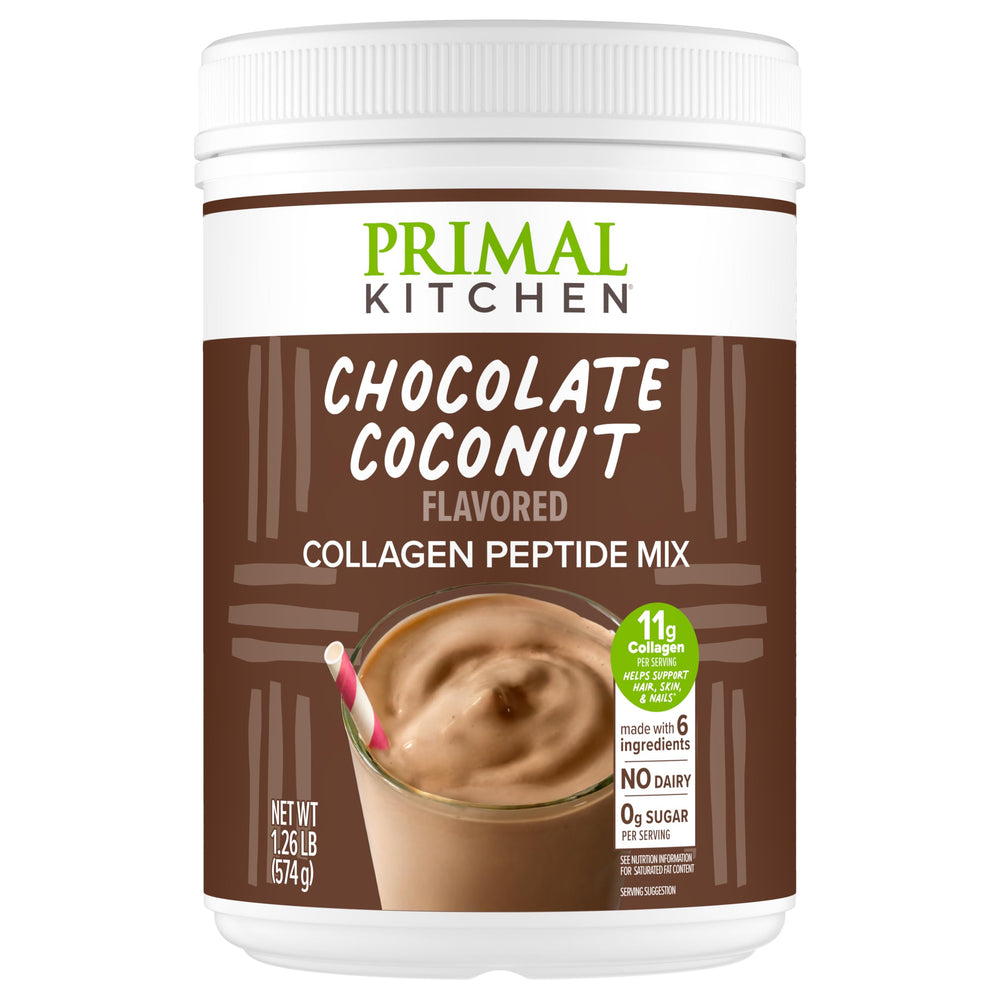 Primal Kitchen Chocolate Collagen Fuel bottle shows dairy-free chocolate indulgence with 11g collagen per serving.