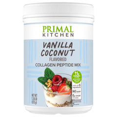 Primal Kitchen Vanilla Coconut Collagen Fuel powder tub showing 11g collagen per serving