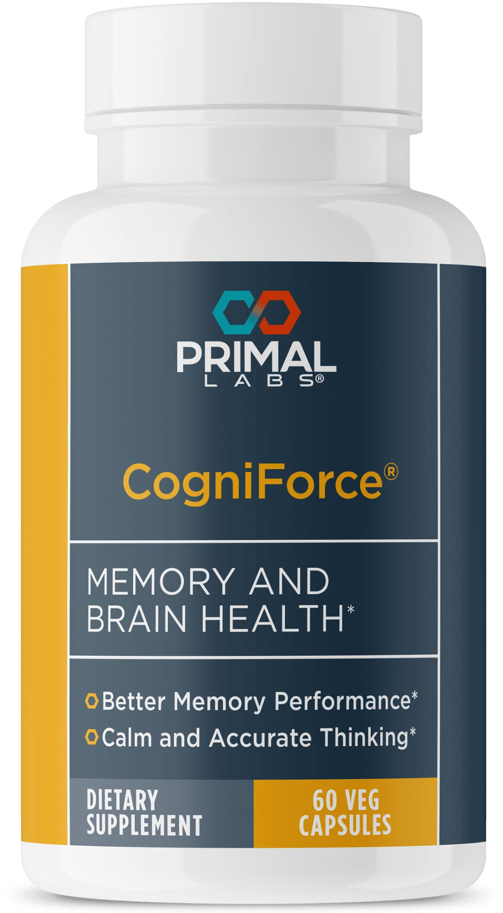 Primal Labs CogniForce bottle front view highlighting memory support.