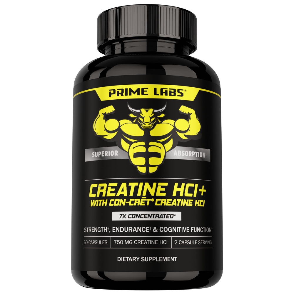 Prime Labs Creatine HCl capsules bottle supports intense workouts with steady energy