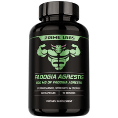 Prime Labs Fadogia Agrestis 600mg bottle label showing quality and testing