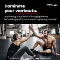 Prime Labs Prime Test capsules close-up highlights easy-to-take caplets for workouts.