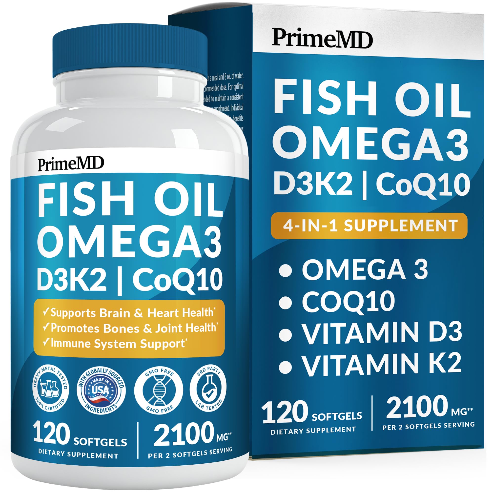 PrimeMD 4-in-1 lemon bottle front view, convenient daily omega-3 supplement.