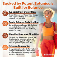 PrimeMD bottle with apple cider vinegar imagery signals digestion-friendly use.