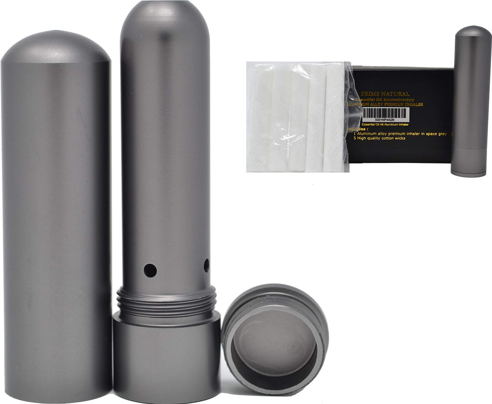 Prime Natural nasal inhaler in space gray shows compact design for on-the-go aromatherapy.