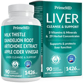 PrimeMD 32-in-1 liver support bottle label highlighting a comprehensive liver care formula