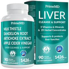 PrimeMD 32-in-1 liver support bottle label highlighting a comprehensive liver care formula