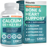 PrimeMD 4-in-1 calcium bottle front, vegan-friendly daily calcium support.