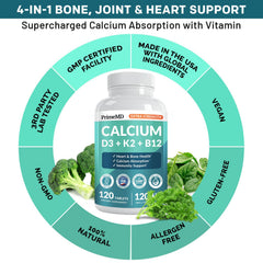PrimeMD vegan gluten-free label on calcium supplement packaging.