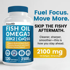 PrimeMD 5-in-1 Fish Oil softgels closeup highlights ease of swallowing and potency