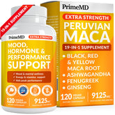 PrimeMD Peruvian Maca capsules in bottle, high-potency formula for daily stamina.