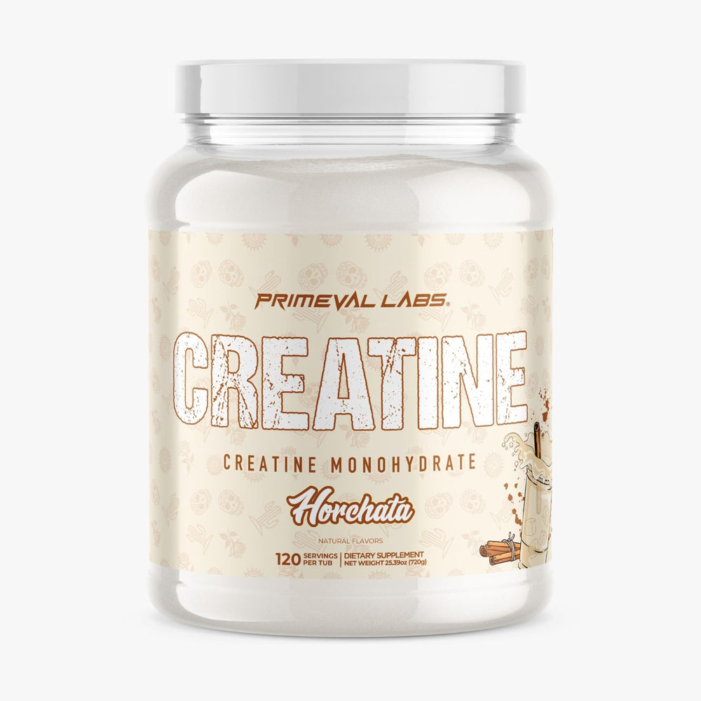Primeval Labs Clean Creatine Monohydrate Horchata tub shows clean-label formula for athletic support.