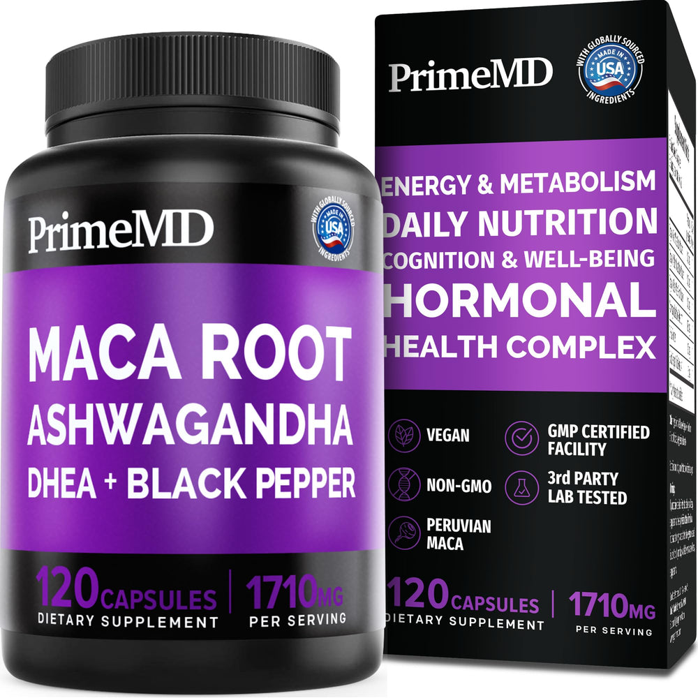 PrimMD 6in1 maca-ashwagandha capsules bottle for steady energy and stamina.