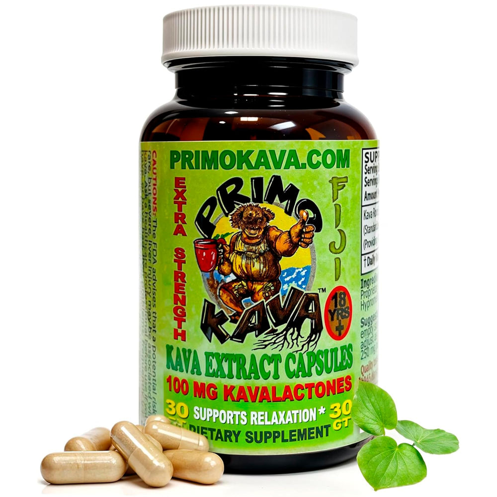 PRIMO KAVA bottle label highlights authentic Fiji kava for daily calm.