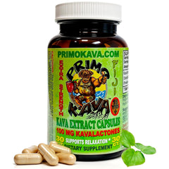 PRIMO KAVA bottle label highlights authentic Fiji kava for daily calm.