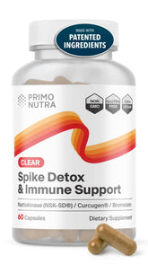 PRIMONUTRA Spike Detox nattokinase bottle highlights protein-dissolving action for daily wellness