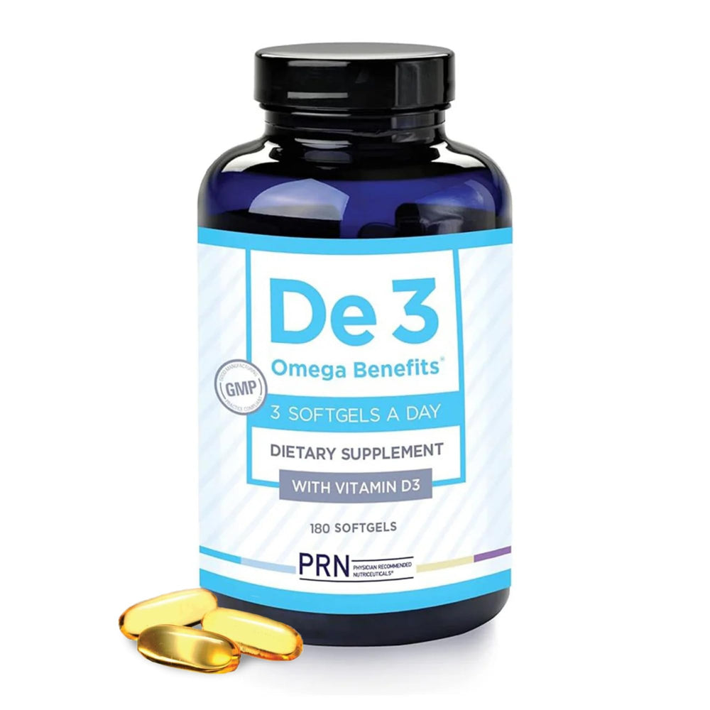 PRN De3 Dry Eye Ultra Pure Omega-3 bottle shows burpless formula for comfortable daily eye support.