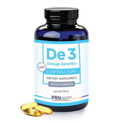 PRN De3 Dry Eye Ultra Pure Omega-3 bottle shows burpless formula for comfortable daily eye support.