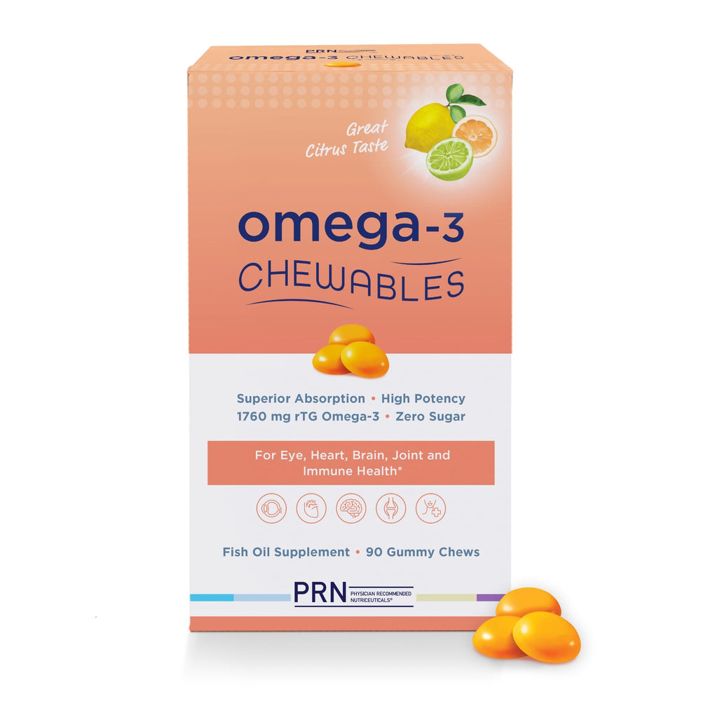 PRN Omega-3 Gummy Chewables bottle for convenient daily use supporting eye and heart health