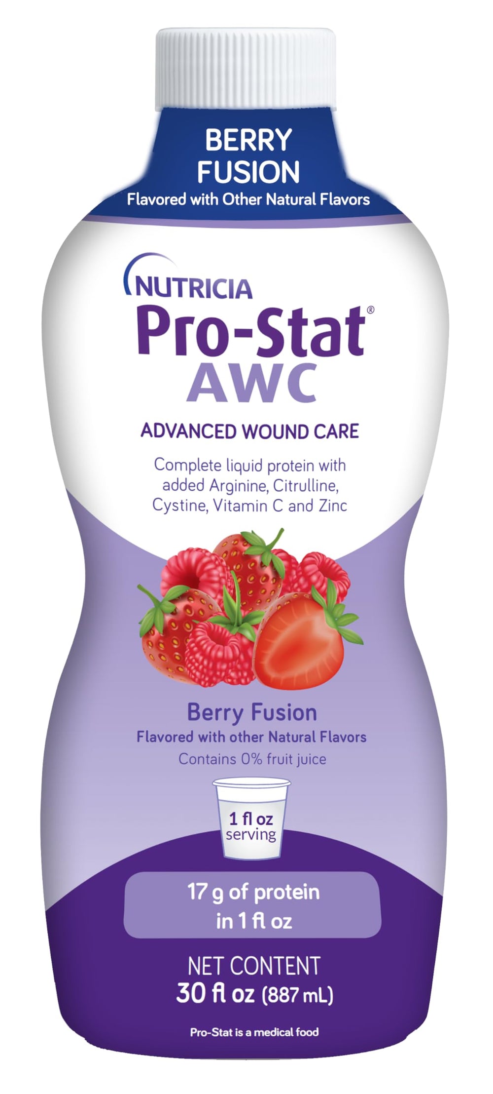 Pro-Stat AWC Berry Fusion bottle shows ready-to-drink nutrition for wound care