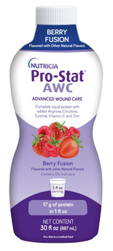 Pro-Stat AWC Berry Fusion bottle shows ready-to-drink nutrition for wound care