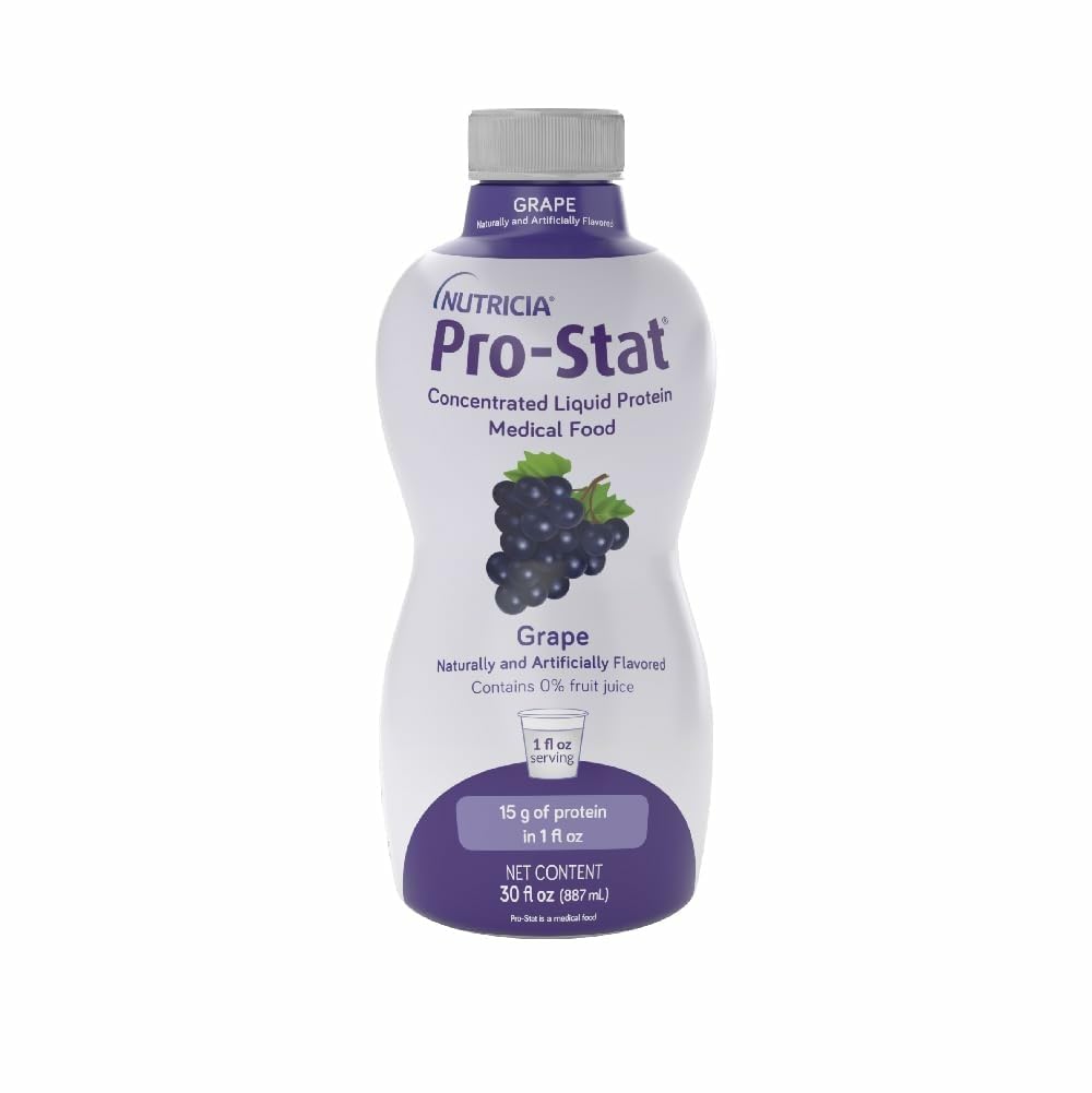 Pro-Stat bottle shows grape flavor for easy protein intake on the go.