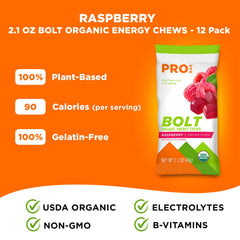Probar BOLT Raspberry Energy Chews banner notes organic ingredients.